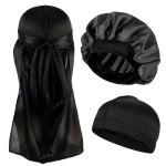3PCS SET Durag & Bonnet & Dome Hats Solid Color Elastic Satin Bonnet Night Cap Lightweight Pirate Hats