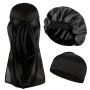 3PCS/SET Durag & Bonnet & Dome Hats Solid Color Elastic Satin Bonnet Night Cap Lightweight Pirate Hats