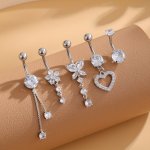 5-PIECE Stainless Steel Belly Button Ring Set Butterfly Heart Flower Cubic Zirconia Women's Classic Navel Piercing Jewelry Cute 
