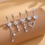 5-PIECE Stainless Steel Belly Button Ring Set Butterfly Heart Flower Cubic Zirconia Women's Classic Navel Piercing Jewelry Cute Styles For Daily Wear