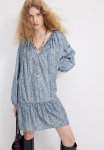 Tie-detail Dress - Dusty Blue Patterned