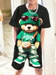 Boy's 2-PIECE Casual Co Ord Set Cool Bear Print Versatile Short Sleeve Tee And Shorts Comfy Summer Clothes