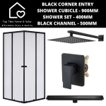 Black Corner Entry Shower Cubicle With Channel + Shower Set - 400MM