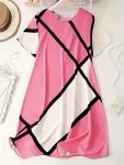 Plus Size Color Block Crew Neck Dress Casual Short Sleeve Dress For Summer Women's Plus Size Clothing