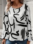 Graphic Print Crew Neck Blouse Elegant Lantern Sleeve Blouse Women's Clothing