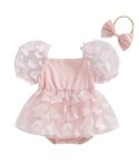 Pink Butterfly Puffy Sleeve Romper Dress