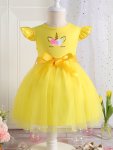Cartoon Unicorn Graphic Print Crew Neck Flying Sleeve Tulle Dress With Bow Belt Design Comfortable & Casual Dress For Girls