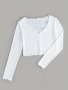 Crop Lettuce Trim Button Front T-Shirt Chic Solid Color Rib Long Sleeve T-Shirt For Spring & Fall Women's Clothing