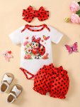2PCS Baby's Cartoon Adorable Ladybug Print Bodysuit & Polka Dots Pattern Bloomers Toddler & Infant Girl's Clothing Set For Summe