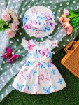 Baby's Cartoon Colorful Butterfly Pattern Dress & Hat Casual Cap Sleeve Dress Infant & Toddler Girl's Clothing For Summer spring
