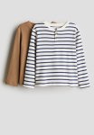 2-PACK Ribbed Henley Tops - Dark Beige blue Striped