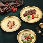 Versatile Stainless Steel Golden Serving Plate - Perfect For Fruits Cakes Bones & More - Durable Flat Bottom Design For Home Kit