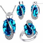 Uloveido Women's Platinum Plated Light Blue Crystal Pendant Necklace Studs Earrings And Cocktail Rings Wedding Anniversary Jewel