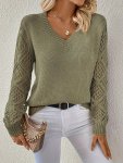 Solid Hollow Out Pullover Sweater Elegant V Neck Long Sleeve Sweater Women's Clothing