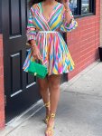 Colorful Printing Dress Casual Surplice Neck Pleated MINI Dress Women's Clothing