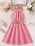 Elegant Solid Halter Neck Sleeveless Dress For Girls Party Vacation Casual Dresses For Summer