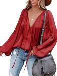 Lantern Long Sleeve Satin Blouse Elegant V Neck Tops For Spring & Summer Women's Clothing