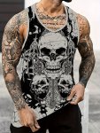 Men's New Summer Comic Style Skeleton Skull Pattern Print Crew Neck Sleeveless Tank Top Cool And Stylish Sports Vest For Fitness