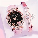 2PCS SET Women's Cute Heart Rhinestone Quartz Watch Analog Pu Leather Wrist Watch & Star Bangle Valentine's Day Gift For Her