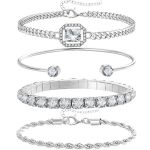 14K Plated Gold Silver Bracelets Set 4 Pcs Cubic Zirconia Adjustable Trendy