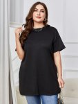 Plus Size Side Split Solid T-Shirt Casual Crew Neck Short Sleeve T-Shirt Women's Plus Sizeclothing