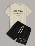 Milano Italia Letter Print Men's 2 Pieces Outfits Crew Neck Short Sleeve T-Shirt & Drawstring Shorts Co Ord Set For Summer Outdo