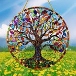 Classic Acrylic Tree Of Life Sun Catcher - Multicolor Glass-look Yard Sign Round Floral Wreath Sign Fantasy Theme Wall Decor Sea
