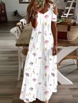 Floral Print Lace Splicing Dress Casual Cold Shoulder Ankle Length A-line Dress For Spring & Summer Women's Clothing
