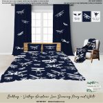 Kids Duvet Set Vintage Airplane Line Drawing Navy And White