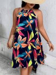 Plus Size Floral Print Halter Dress Vacation Sleeveless Dress For Spring & Summer Women's Plus Size Clothing