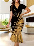Graphic Print V-neck Dress Elegant Ruffle Trim Bodycon Dress For Spring & Summer Women's Clothing
