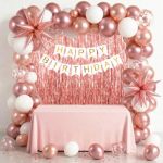 Rose Gold Birthday Decorations For Women Girls - Happy Birthday Banner Metallic Pearl Rose Gold White Balloons With 4D Foil Star