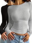 2PCS Solid Color Casual T-shirts Long Sleeves Round Neck Slight Stretch Sports Tees Women's Tops