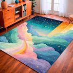 Odika 5'X7' Washable Area Rug - Whimsical Kawai Starry Motif Blue Non-slip Chair-friendly Carpet For Dining Room Small Living Ro
