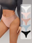 5PCS Solid Seamless Ribbed Thongs Simple Comfy Breathable Stretchy Intimates Panties Women's Lingerie & Underwear