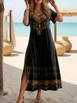 Ethnic Print V-neck Dress Vacation Style Elegant Short Sleeve Split Hem A-line Dress For Spring & Summer Women's Clothing