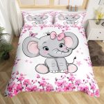 Elephant Baby Bedding Set Pink Flowers Comforter Cover Set For Teens Women Room Decor Cute Elephant Duvet Cover Breathable Wild