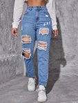 Ripped Distressed Whiskering Jeans High Rise Washed Blue Streetwear Denim Pants Women's Denim Jeans & Clothing
