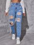 Ripped Distressed Whiskering Jeans High Rise Washed Blue Streetwear Denim Pants Women's Denim Jeans & Clothing