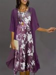 Elegant Two-piece Set Solid Open Front Outerwear & Floral Print Tank Dress Outfits Women's Clothing