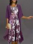 Elegant Two-piece Set Solid Open Front Outerwear & Floral Print Tank Dress Outfits Women's Clothing