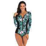 Women's Pink Flower Long Sleeve Zip Swimwear - XL