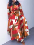 Plus Size Geometric Print Dress Casual Long Sleeve Crew Neck Dress For Spring Women's Plus Sizeclothing