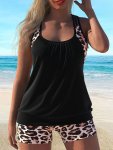 Leopard Print Scoop Neck Hollow Out Top & Shorts 2 Piece Set Tankini Swimsuits Women's Swimwear & Clothing