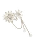 Silver Diamante Double Flower Chain Drop Brooch