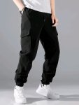 Men's Solid Color Cuffed Cargo Pants With Drawstring Loose Fit Comfy Pants For Outdoor Activity