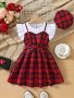 Trendy Girls Splicing Plaid Bow Belted Ruffle Trim Dress For Summer Party