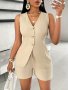 Elegant Two Piece Set Single-breasted V Neck Tie Back Vest & Drawstring Waist Shorts Outfits Women's Clothing