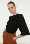Embroidery Detailed Corduroy Knitted Blouse - Black