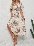 Floral Print Belted Ruffle Hem Dress Elegant V Neck Short Sleeve Dress For Spring & Summer Women's Clothing